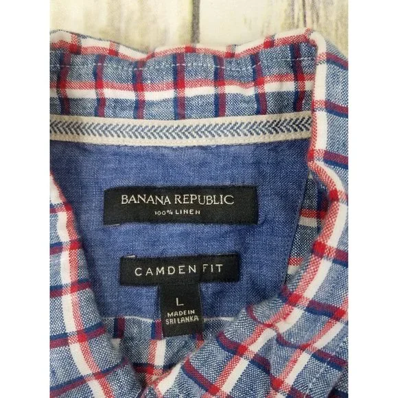 Banana Republic Button Up Shirt Mens Size L Plaid Short Sleeves Camden Fit Linen - Picture 5 of 11